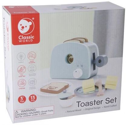 Classic World, комплект дървена играчка тостер, син, тостер, тостери, детски тостер, тостер за готвене, комплект за готвене, игра, игри, играчка, играчки  