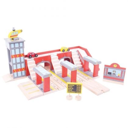 Bigjigs, Голяма дървена централна гара, централна гара, дървена гара, дървени релси за влакче, релси и аксесоари, дървена играчка, игра, игри, играчка, играчки