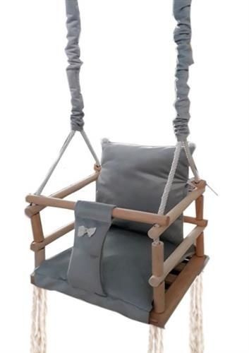 Дървена детска люлка с мека седалка - Сив цвят 