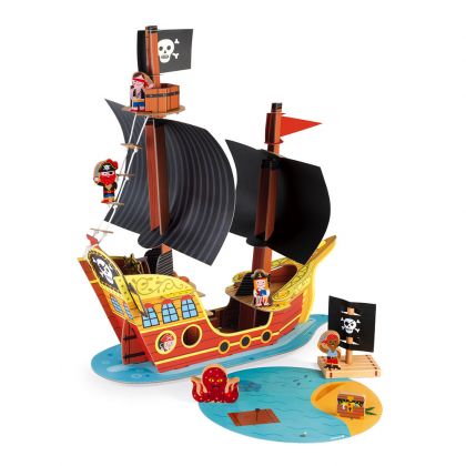 Janod, играчка, играчки, картонен пиратски кораб, пиратски кораб, пиратски кораб с аксесоари, кораби, пиратски кораби, пиратски кораб от картон, кораб с аксесоари, пиратски кораб за игра, играчки Janod 