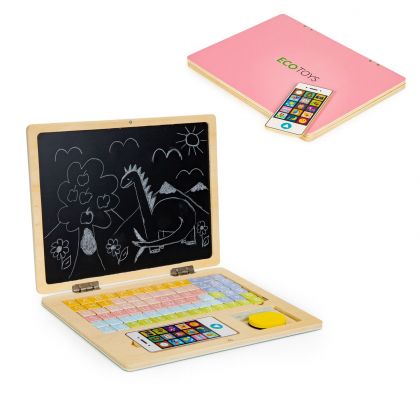 Ecotoys, играчка, играчки, детска играчка, дървена играчка, играчка от дърво, магнитна дъска, магнитни дъски, черна дъска, дъски за рисуване, магнитни игри, розов лаптоп, детска дъска розов лаптоп, магнитна дъска лаптоп в розово, продукти Ecotoys