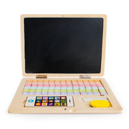 Ecotoys - Дървена образователна магнитна дъска - Розов лаптоп 