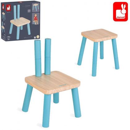 Janod, играчка, играчки, дървена играчка, дървени играчки, стол, дървен стол, детски дървен стол, регулируем стол за деца, детско столче 2в1, столче за деца 2в1, столче и табуретка в едно, продукти Janod, играчки Janod