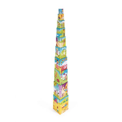 Janod, играчка, играчки, картонена играчка, играчка от картон, пирамида за редене, триъгълна пирамида, пирамида с триъгълни форми, триъгълни картонени формички за редене, кубчета за редене, играчка с кубчета с числа, картонени кубчета с числа