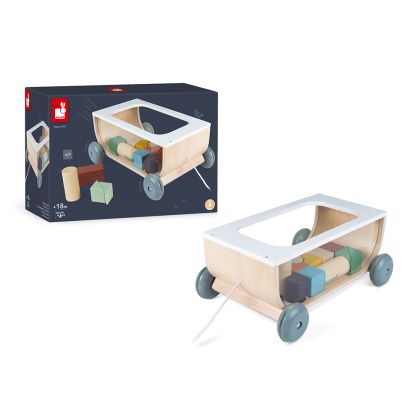 Janod - Дървена количка за дърпане с конструктор 