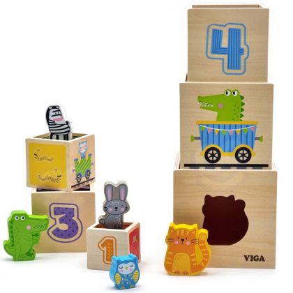 Viga - Комплект дървени кубчета за подреждане - Животни 