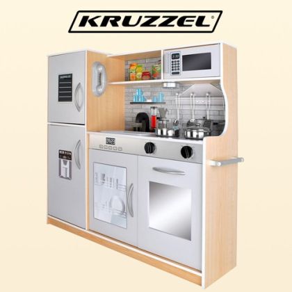 Модерна дървена кухня за игра със звуци, светлина и аксесоари - светлокафяв - Kruzzel